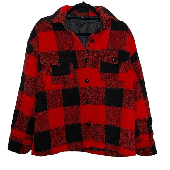 Pomander Place Jackets & Blazers - Pomander Place Tuckernuck Shirt Jacket Size Small Red Black Plaid Wool Blend